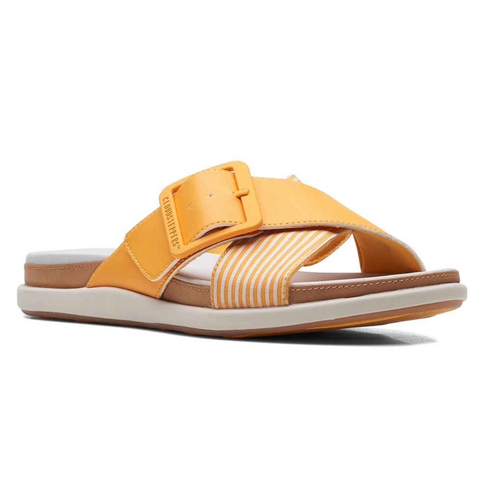 NIB Clarks Cloudsteppers 8W Wide Eliza April Comfort Slide Sandal Yellow